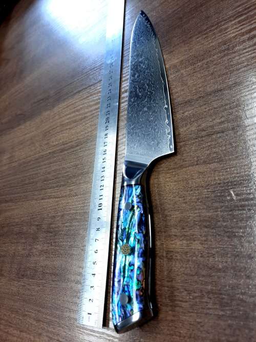 Damascus VG-10 Stainless Steel Japanese Chef's Knife, Abalone & Super clear Epoxy Resin handle.