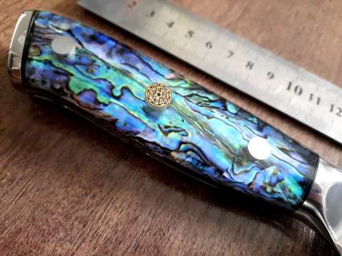 Damascus VG-10 Stainless Steel Japanese Chef's Knife, Abalone & Super clear Epoxy Resin handle.