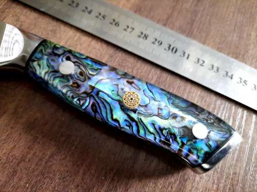 Damascus VG-10 Stainless Steel Japanese Chef's Knife, Abalone & Super clear Epoxy Resin handle.
