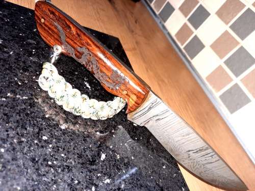 Handmade Damascus steel HUNTING Knife with Wooden handle scales w an eagle engraved. Free Bracelet.