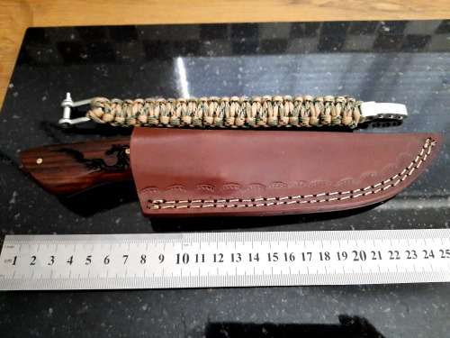 Handmade Damascus steel HUNTING Knife with Wooden handle scales w an eagle engraved. Free Bracelet.