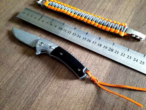 Damascus VG-10 Stainless Steel folding knife, RAZOR Sharp, EBONY handle scales, bolster engraved.