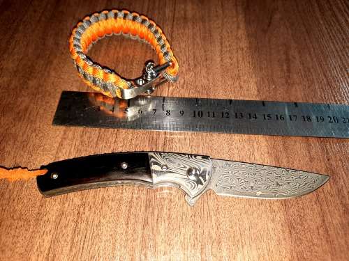 Damascus VG-10 Stainless Steel folding knife, RAZOR Sharp, EBONY handle scales, bolster engraved.