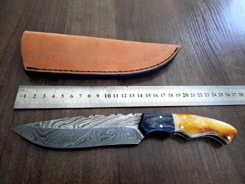 Handmade DAMASCUS Steel Hunting Knife, BURNT Camel Bone & Wooden Handle scales.