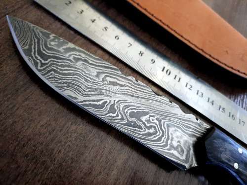 Handmade DAMASCUS Steel Hunting Knife, BURNT Camel Bone & Wooden Handle scales.