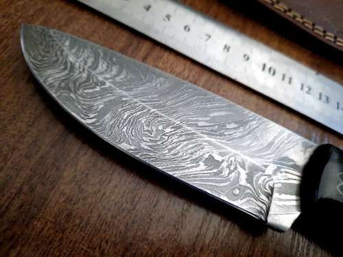 Handmade Damascus steel HUNTING Knife with Bull Horn handle scales with engraving . Free Leather S