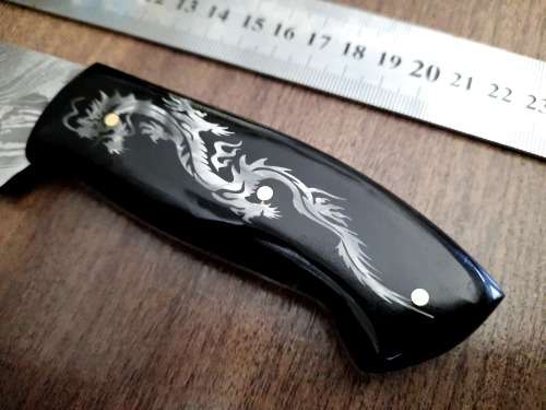 Handmade Damascus steel HUNTING Knife with Bull Horn handle scales with engraving . Free Leather S