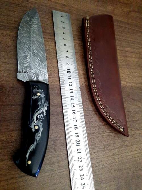 Handmade Damascus steel HUNTING Knife with Bull Horn handle scales with engraving . Free Leather S