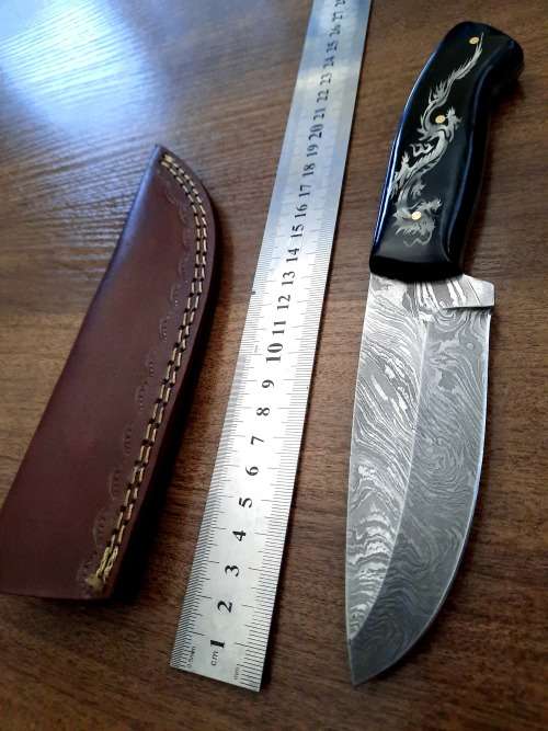 Handmade Damascus steel HUNTING Knife with Bull Horn handle scales with engraving . Free Leather S