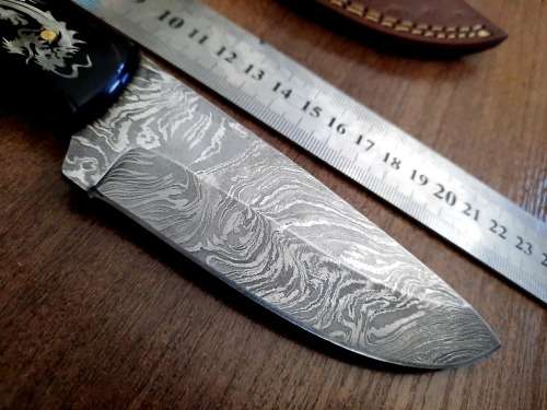 Handmade Damascus steel HUNTING Knife with Bull Horn handle scales with engraving . Free Leather S