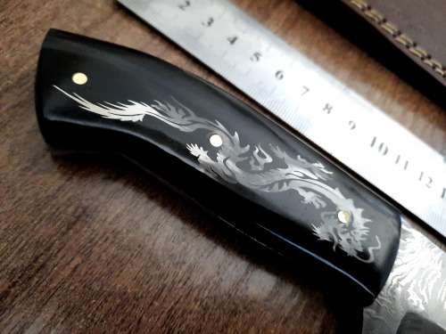Handmade Damascus steel HUNTING Knife with Bull Horn handle scales with engraving . Free Leather S