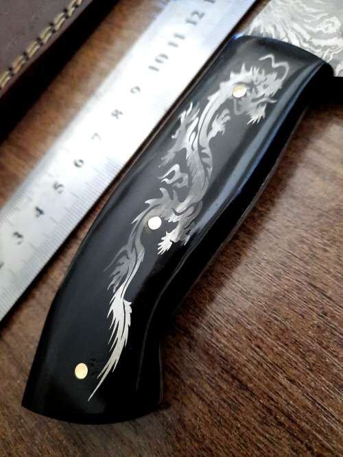 Handmade Damascus steel HUNTING Knife with Bull Horn handle scales with engraving . Free Leather S