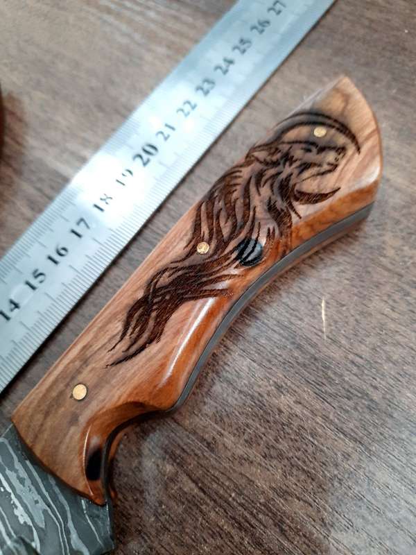 Handmade Damascus steel HUNTING Knife with Wooden handle scales, No leather included.