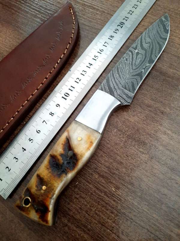 Handmade Damascus steel HUNTING  knife with RAM HORN handle scales. Perfect X-mas Gift !!