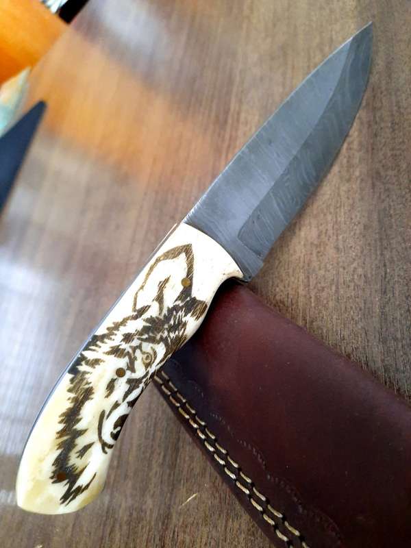 Handmade Damascus steel HUNTING  knife with Camel Bone handle scales Wolf engraved,