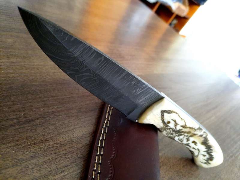 Handmade Damascus steel HUNTING  knife with Camel Bone handle scales Wolf engraved,
