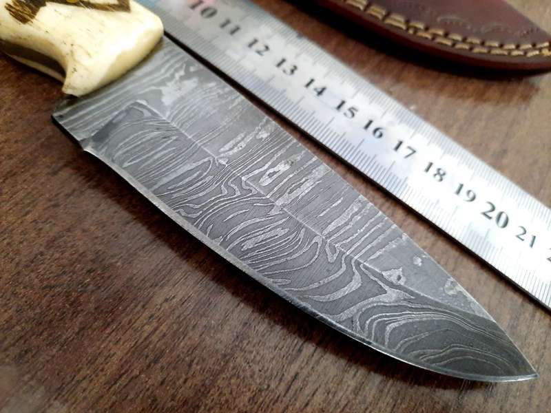 Handmade Damascus steel HUNTING  knife with Camel Bone handle scales Wolf engraved,