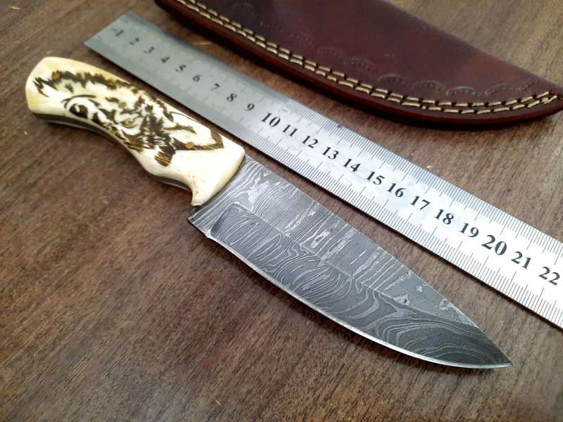 Handmade Damascus steel HUNTING  knife with Camel Bone handle scales Wolf engraved,