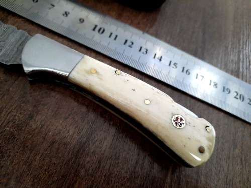 Handmade Damascus steel folding knife w Camel Bone Handle Scales. New stock !!