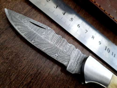 Handmade Damascus steel folding knife w Camel Bone Handle Scales. New stock !!