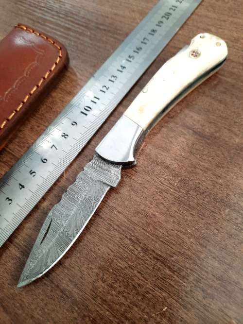 Handmade Damascus steel folding knife w Camel Bone Handle Scales. New stock !!