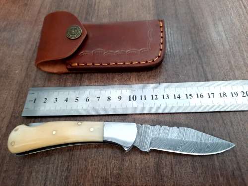 Handmade Damascus steel folding knife w Camel Bone Handle Scales. New stock !!