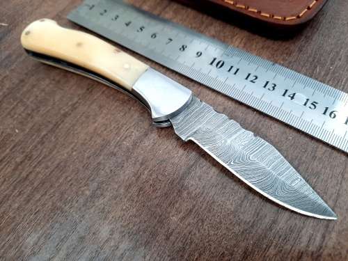 Handmade Damascus steel folding knife w Camel Bone Handle Scales. New stock !!