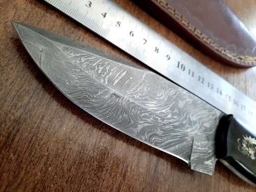 Handmade Damascus steel HUNTING Knife with Bull Horn handle scales with engraving . Free Leather S