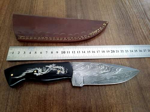 Handmade Damascus steel HUNTING Knife with Bull Horn handle scales with engraving . Free Leather S