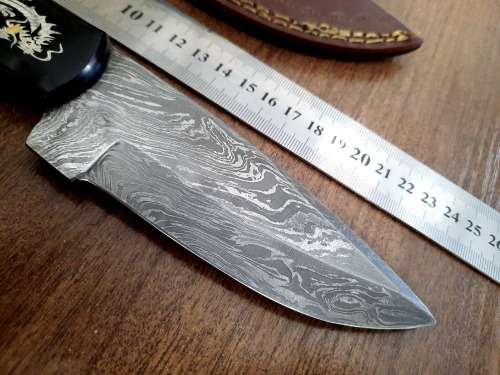 Handmade Damascus steel HUNTING Knife with Bull Horn handle scales with engraving . Free Leather S