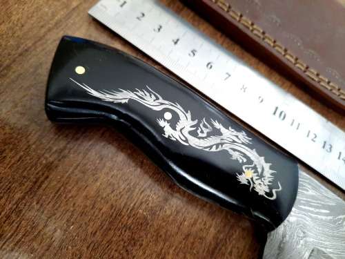 Handmade Damascus steel HUNTING Knife with Bull Horn handle scales with engraving . Free Leather S