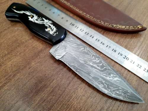 Handmade Damascus steel HUNTING Knife with Bull Horn handle scales with engraving . Free Leather S