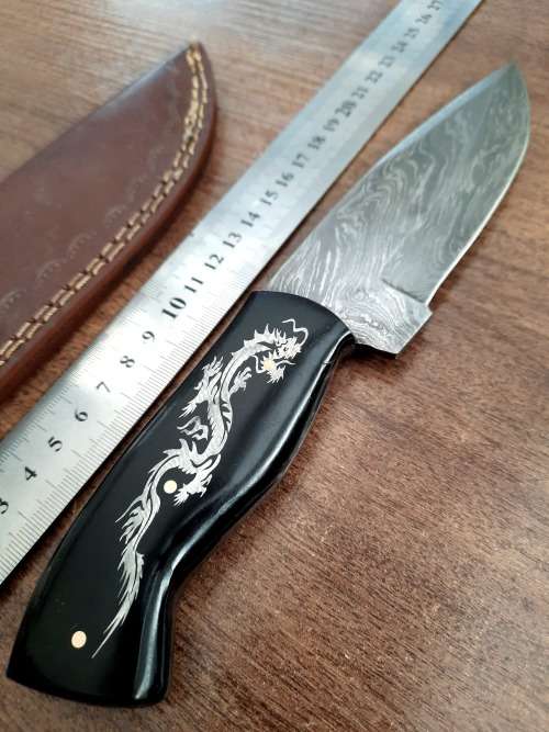 Handmade Damascus steel HUNTING Knife with Bull Horn handle scales with engraving . Free Leather S