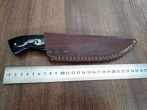 Handmade Damascus steel HUNTING Knife with Bull Horn handle scales with engraving . Free Leather S