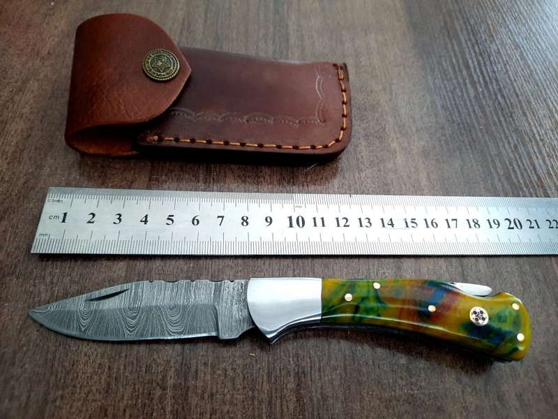 Handmade Damascus steel folding knife with Epoxy Resin handle scales. X-MAS SPECIAL PRICE !!!!