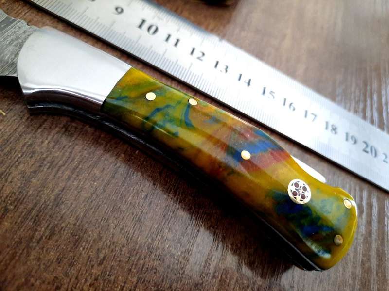 Handmade Damascus steel folding knife with Epoxy Resin handle scales. X-MAS SPECIAL PRICE !!!!