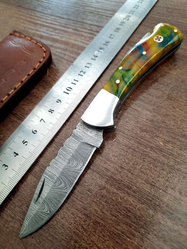 Handmade Damascus steel folding knife with Epoxy Resin handle scales. X-MAS SPECIAL PRICE !!!!