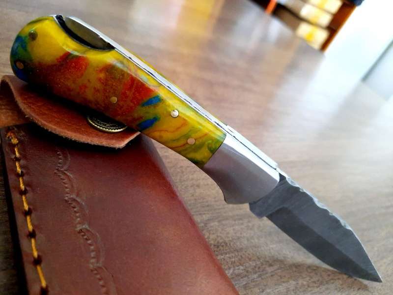 Handmade Damascus steel folding knife with Epoxy Resin handle scales. X-MAS SPECIAL PRICE !!!!