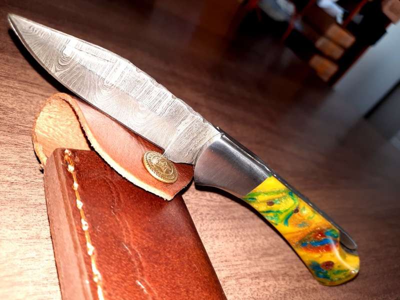 Handmade Damascus steel folding knife with Epoxy Resin handle scales. X-MAS SPECIAL PRICE !!!!