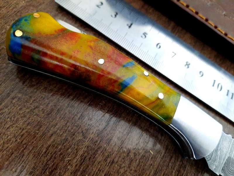 Handmade Damascus steel folding knife with Epoxy Resin handle scales. X-MAS SPECIAL PRICE !!!!
