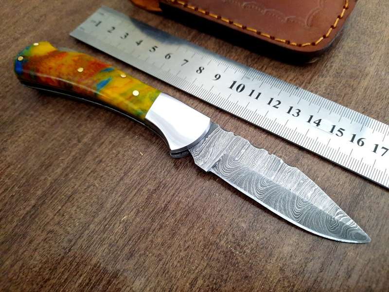 Handmade Damascus steel folding knife with Epoxy Resin handle scales. X-MAS SPECIAL PRICE !!!!