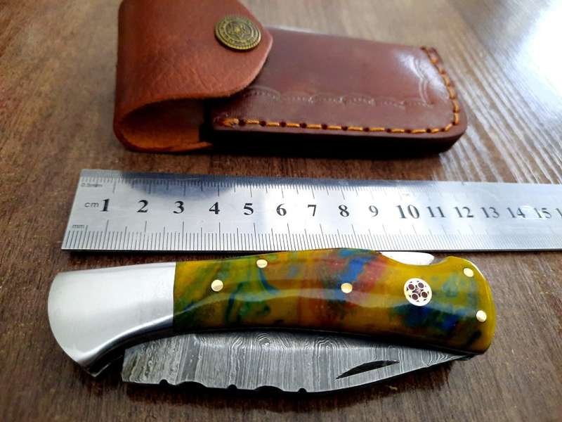 Handmade Damascus steel folding knife with Epoxy Resin handle scales. X-MAS SPECIAL PRICE !!!!