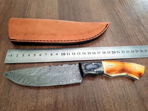 Handmade DAMASCUS Steel Hunting Knife, BURNT Camel Bone & Wooden Handle scales.
