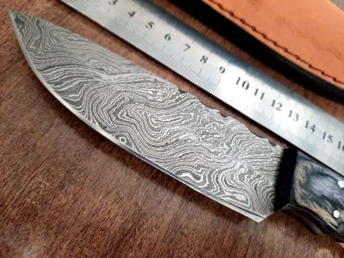 Handmade DAMASCUS Steel Hunting Knife, BURNT Camel Bone & Wooden Handle scales.