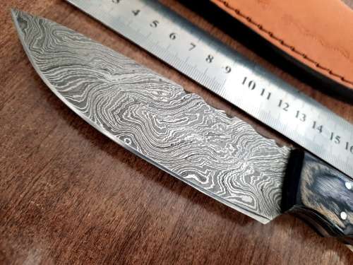 Handmade DAMASCUS Steel Hunting Knife, BURNT Camel Bone & Wooden Handle scales.