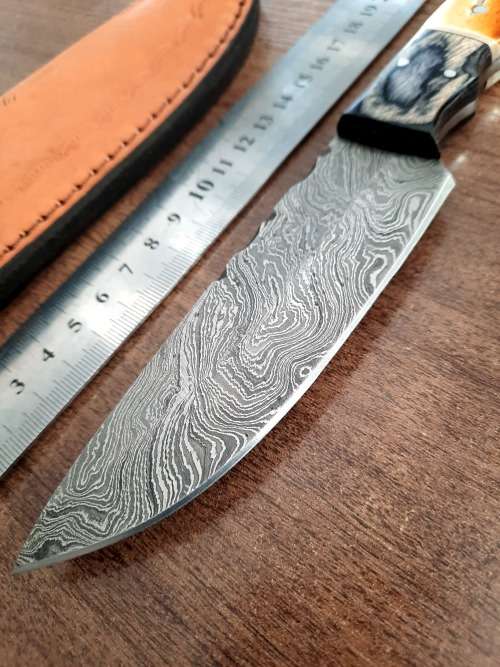 Handmade DAMASCUS Steel Hunting Knife, BURNT Camel Bone & Wooden Handle scales.