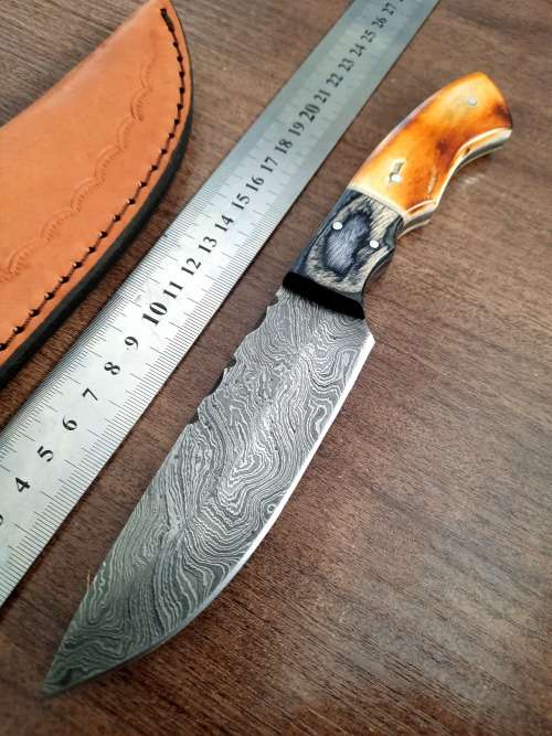 Handmade DAMASCUS Steel Hunting Knife, BURNT Camel Bone & Wooden Handle scales.