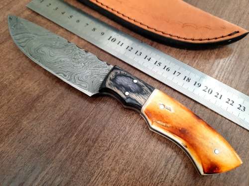 Handmade DAMASCUS Steel Hunting Knife, BURNT Camel Bone & Wooden Handle scales.