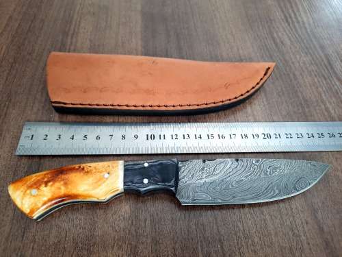 Handmade DAMASCUS Steel Hunting Knife, BURNT Camel Bone & Wooden Handle scales.
