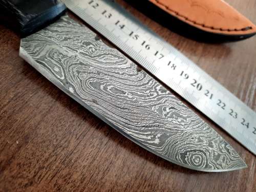 Handmade DAMASCUS Steel Hunting Knife, BURNT Camel Bone & Wooden Handle scales.